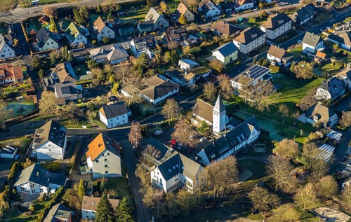 Aerial view, local view Holthausen, Evang. Gnadenkirche, Holthausen, Hagen, Ruhr area, North
