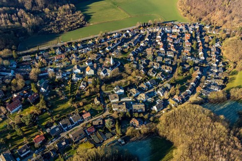 Aerial view, local view Holthausen, Evang. Gnadenkirche, Holthausen, Hagen, Ruhr area, North