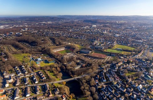 Aerial view, residential area Altenhagen, Westfalenbad, Stadionstraße, Sportpark Ischeland,