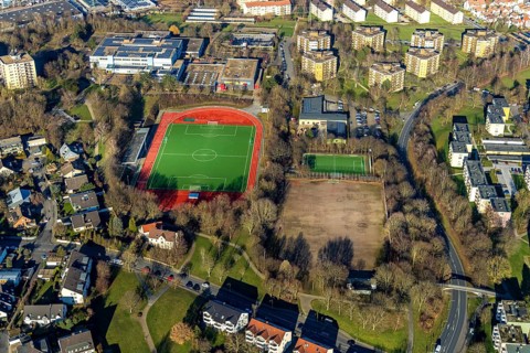 Aerial photo, Fritz-Steinhoff-Gesamtschule, district sports facility Boele-Kabel-Helfe, Helfe,