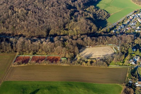 Aerial view, sports facility Hegge, Holthausen, Hagen, Ruhr area, North Rhine-Westphalia, Germany,