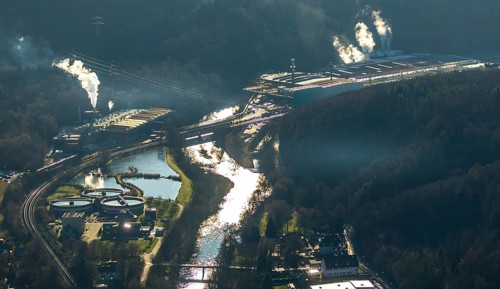 Aerial view, River Lenne backlit, Iserlohn-Letmathe sewage treatment plant, Hagen, Ruhr area, North