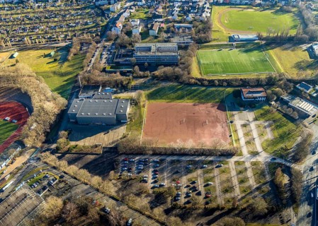 Aerial photo, Ischelandhalle, sports facility, Theodor-Heuss-Gymnasium, Hagen, Ruhr area, North