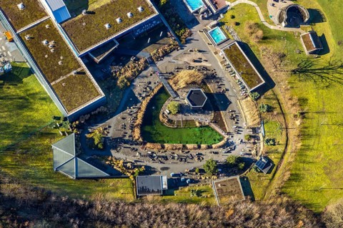 Aerial view, Westfalenbad, sauna area, Stadionstraße, Altenhagen, Hagen, Ruhr area, North
