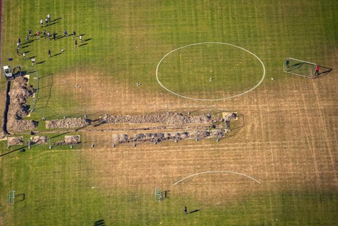 Aerial photo, construction work, Kirchenberg stadium, Hagen-Hohenlimburg, Ruhr area, North
