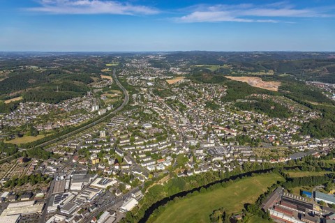 Aerial view, motorway A46, city centre view and commercial area Elseyer Straße, river Lenne,