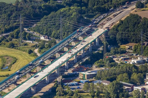 Aerial view, new construction of the Lennetal bridge A45, Berchum, Sauerland line, motorway bridge,