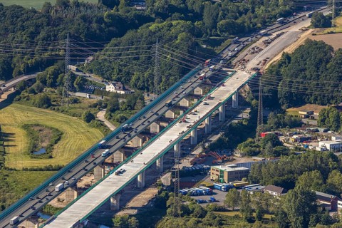 Aerial view, new construction of the Lennetal bridge A45, Berchum, Sauerland line, motorway bridge,