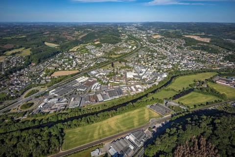 Aerial view, motorway A46, city centre view and commercial area Elseyer Straße, river Lenne,