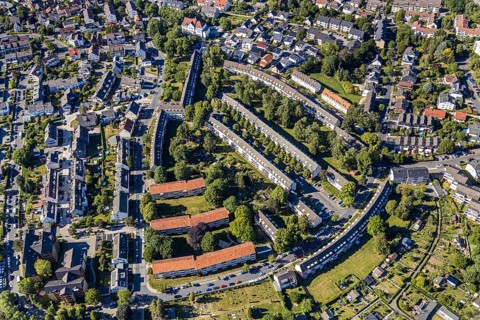 Aerial view, terraced houses residential area Elsässer Straße, Straßburger Straße, Eilpe, Hagen,