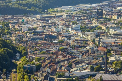 Aerial view, city centre view, Johanniskirche, St. Marien Kirche, Mittelstadt, Hagen, Ruhr area,