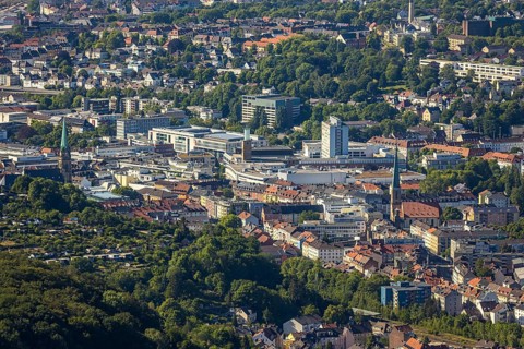 Aerial view, city centre view, Johanniskirche, St. Marien Kirche, Mittelstadt, Hagen, Ruhr area,
