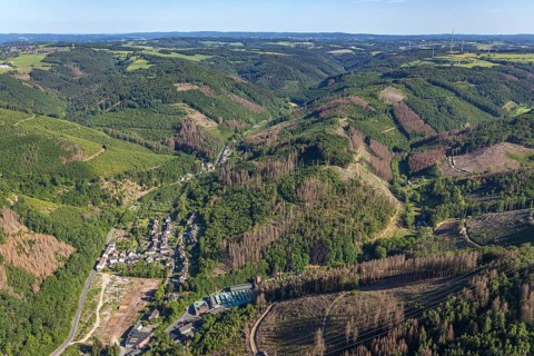 Aerial view, Nahmerbach, residential area in the valley, Hagen-Hohenlimburg, Ruhr area, North