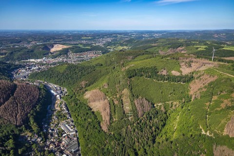 Aerial view, planned wind power plants, industrial area Obernahmerstraße, district Nahmer, quarry