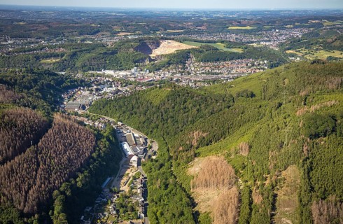 Aerial view, planned wind power plants, industrial area Obernahmerstraße, district Nahmer, quarry