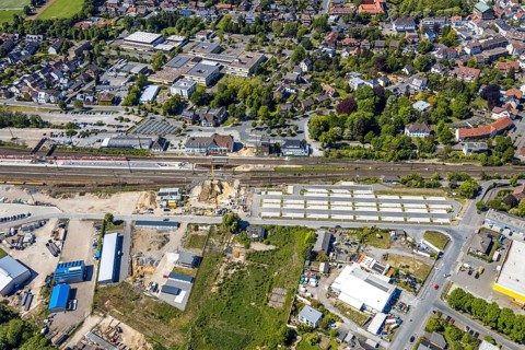 Aerial view, track reconstruction construction site Haltern station, Park&Ride car park at Haltern