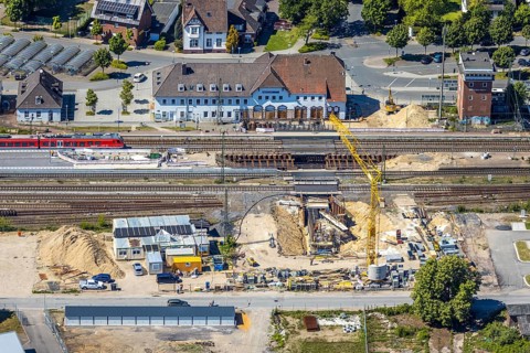 Aerial view, track reconstruction construction site Haltern station, Haltern am See, Münsterland,