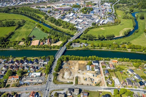 Aerial view, construction site next to the canal bridge, Recklinghäuser Straße,