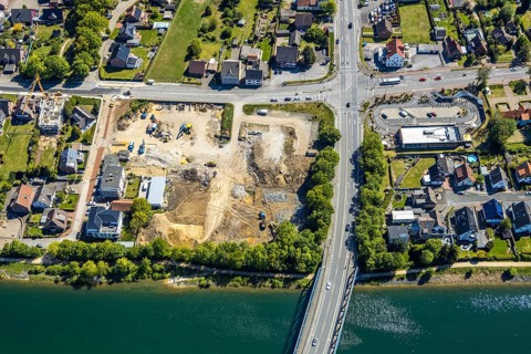 Aerial view, construction site next to the canal bridge, Recklinghäuser Straße,