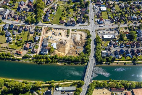 Aerial view, construction site next to the canal bridge, Recklinghäuser Straße,