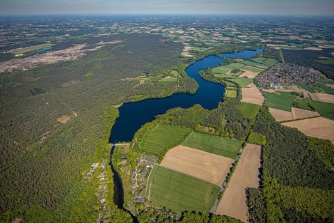Aerial view, Hullern dam, Hullern reservoir, river Stever, view of Hullern, Haltern am See,