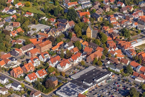 Aerial view, town centre, St. Johannis Kirche, Virtual Museum of the City of Halle Westphalia,