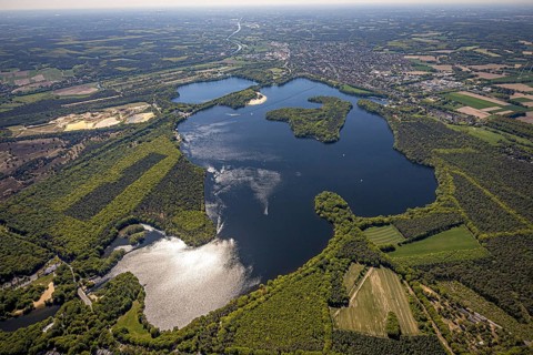 Aerial view, Haltern reservoir, Haltern am See, Münsterland, Ruhr area, North Rhine-Westphalia,