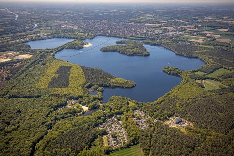 Aerial view, Haltern reservoir, Haltern am See, Münsterland, Ruhr area, North Rhine-Westphalia,