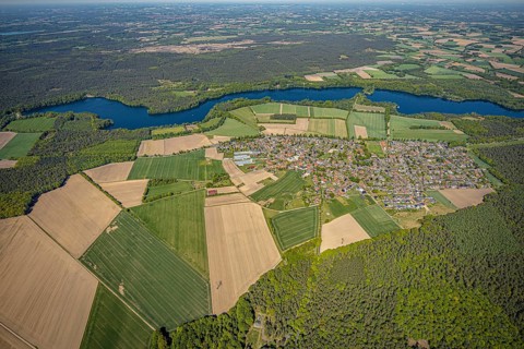 Aerial view, Hullern dam, Hullern reservoir, river Stever, view of Hullern, Haltern am See,