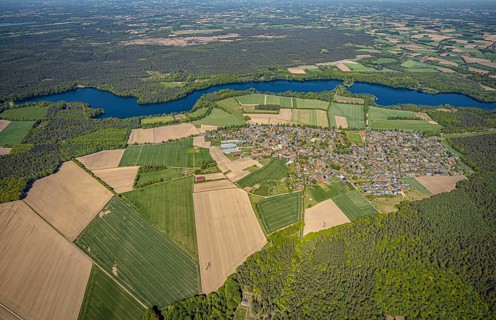 Aerial view, Hullern dam, Hullern reservoir, river Stever, view of Hullern, Haltern am See,