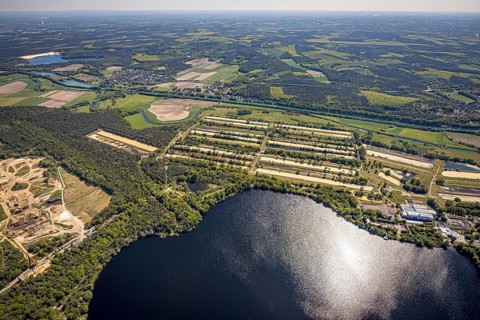 Aerial view, Haltern reservoir, GELSENWASSER AG Haltern waterworks, filter basin, Haltern am See,
