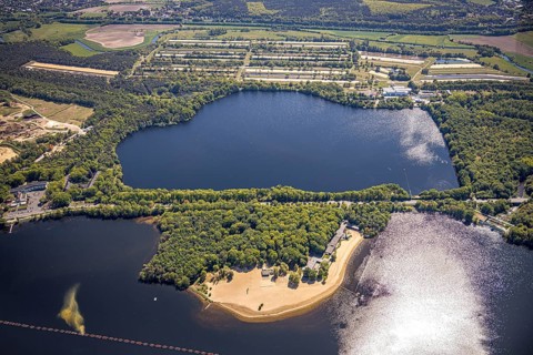 Aerial view, Haltern reservoir, Haltern lake terraces, southern beach, Haltern am See, Münsterland,