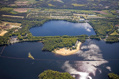 Aerial view, Haltern reservoir, Haltern lake terraces, southern beach, Haltern am See, Münsterland,