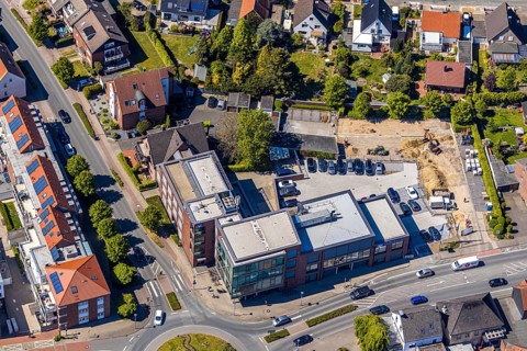 Aerial view, construction site at Volksbank building, Haltern am See, Münsterland, Ruhr area, North