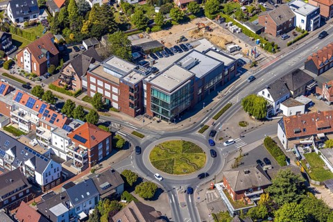 Aerial view, construction site at Volksbank building, Haltern am See, Münsterland, Ruhr area, North