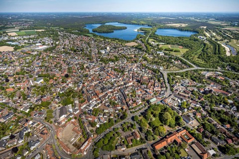 Aerial view, town view and old town, Haltern town hall, Halterner See, Haltern am See, Münsterland,