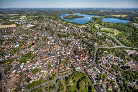 Aerial view, townscape and old town, Halterner See, Haltern am See, Münsterland, Ruhr area, North
