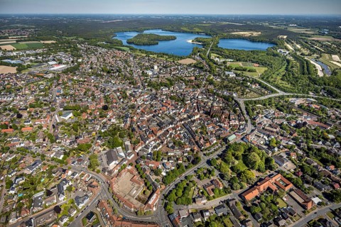 Aerial view, town view and old town, Haltern town hall, Halterner See, Haltern am See, Münsterland,