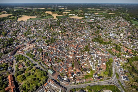 Aerial view, city view and old town, wind turbines, Haltern am See, Münsterland, Ruhr area, North