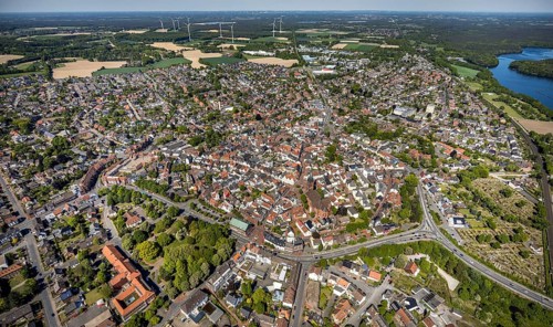 Aerial view, town view and old town, Haltern town hall, wind turbines, Haltern am See, Münsterland,