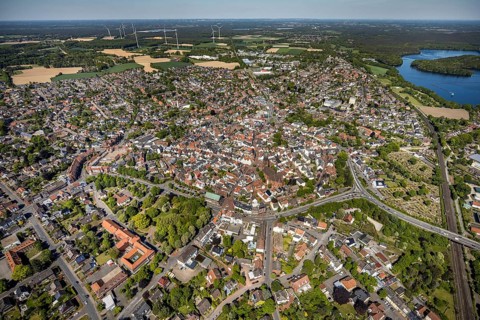 Aerial view, town view and old town, Haltern town hall, wind turbines, Haltern am See, Münsterland,