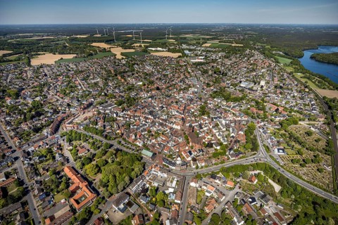 Aerial view, town view and old town, Haltern town hall, wind turbines, Haltern am See, Münsterland,