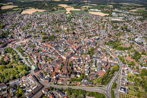 Aerial view, city view and old town, wind turbines, Haltern am See, Münsterland, Ruhr area, North