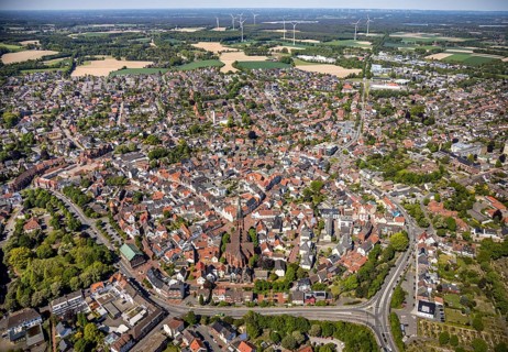 Aerial view, city view and old town, wind turbines, Haltern am See, Münsterland, Ruhr area, North