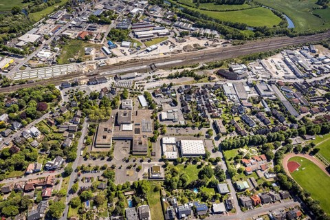 Aerial view, track reconstruction construction site Haltern station, Joseph-König-Gymnasium,