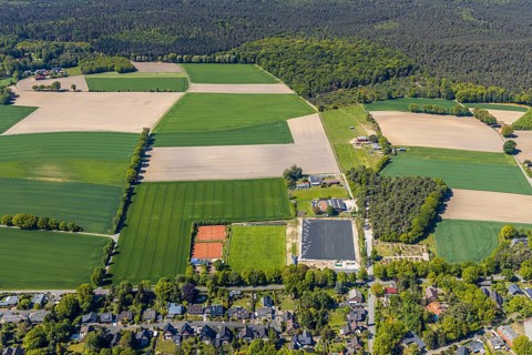 Aerial view, sports facility DJK Blau-Weiß Lavesum 1931, Haltern am See, Münsterland, Ruhr area,
