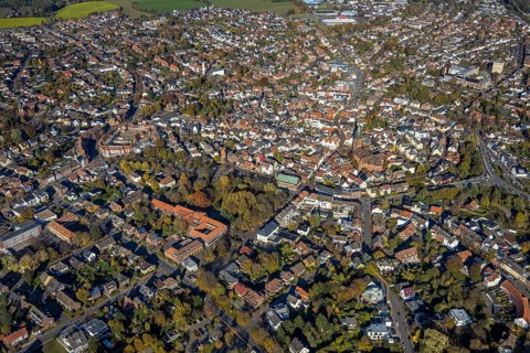 Aerial view, Old Town, Haltern Town Hall, St. Sixtus Church, historical buildings,