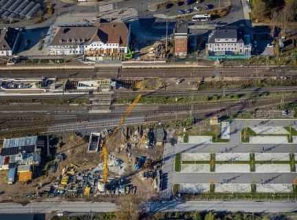 Aerial view, Haltern station, construction site conversion to a barrier-free station, Haltern town,
