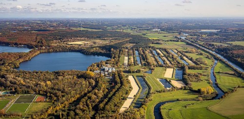 Aerial view, GELSENWASSER AG Haltern waterworks, filter basin, Haltern reservoir, Lippe river,