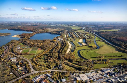 Aerial view, GELSENWASSER AG Haltern waterworks, filter basin, Haltern reservoir, Lippe river,